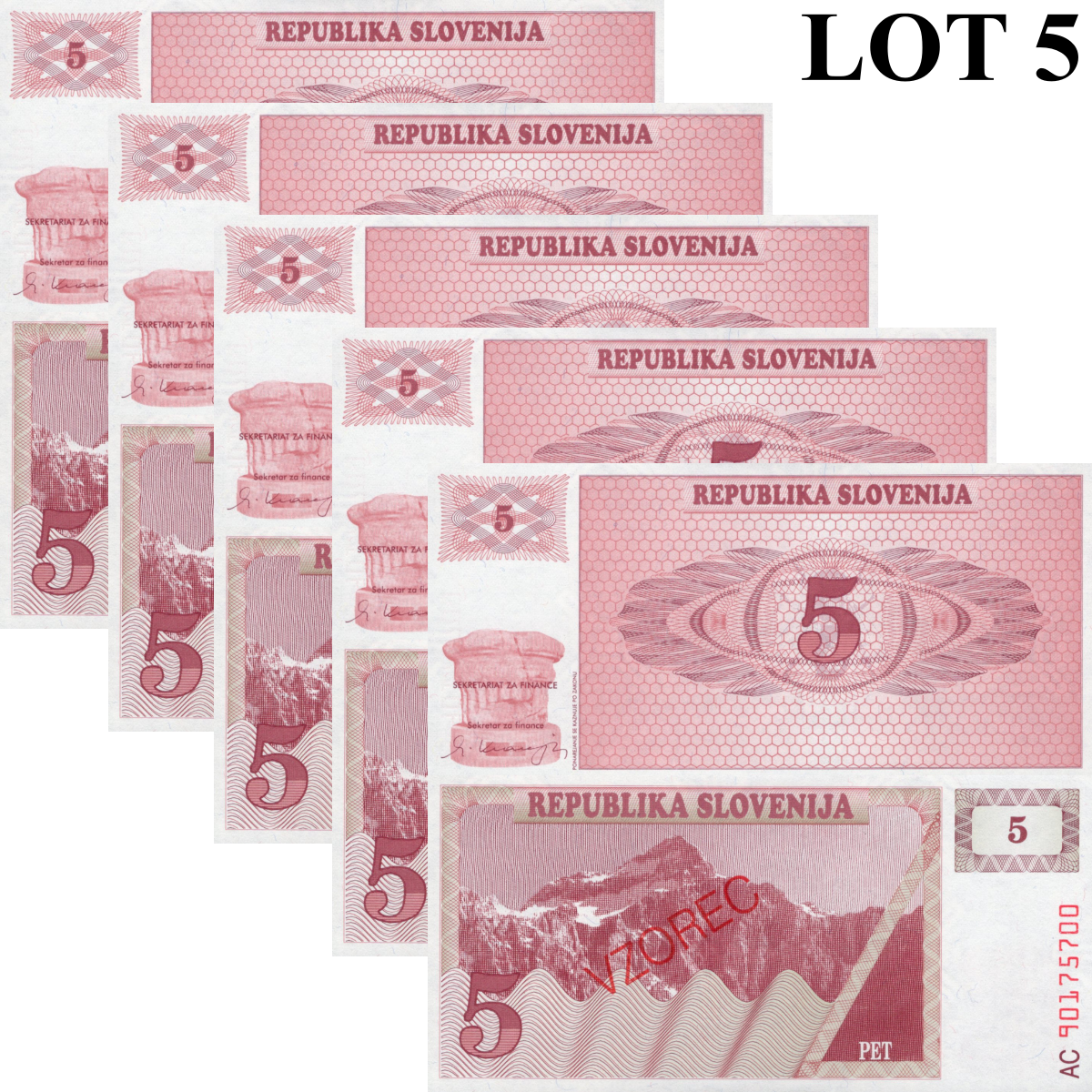 Slovenia 5 Tolarjev 1990 P 3 UNC Specimen 1/20 Bundle Lot 5 pcs