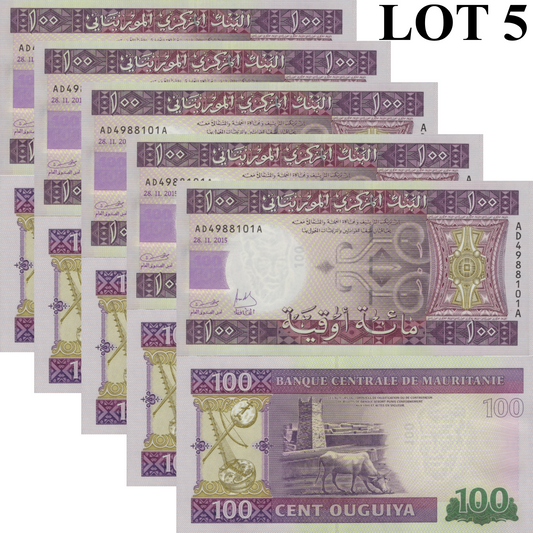 Mauritania 100 Ouguiya 2015 P 16b Hybrid UNC 1/20 Bundle Lot 5 pcs