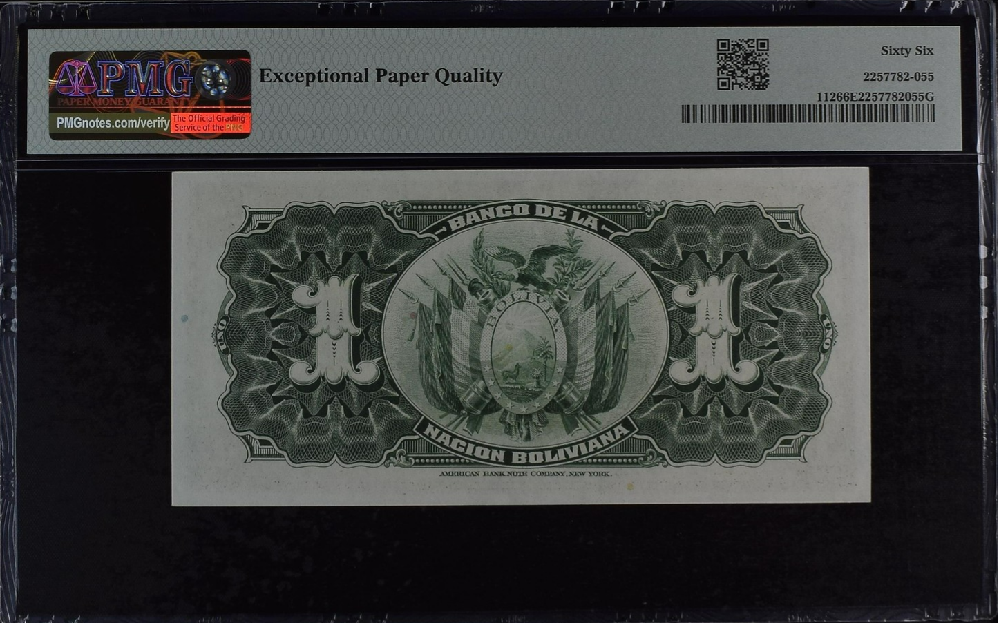 Bolivia 1 Boliviano 1911 (ND 1929) P 112 UNC PMG 66 EPQ 2nd TOP POP