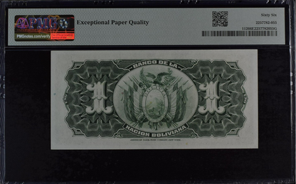 Bolivia 1 Boliviano 1911 (ND 1929) P 112 UNC PMG 66 EPQ 2nd TOP POP