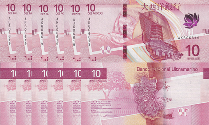 Macau Macao 10 Patacas 2024 P 300a UNC BNU Macthing No. Set 6 pcs