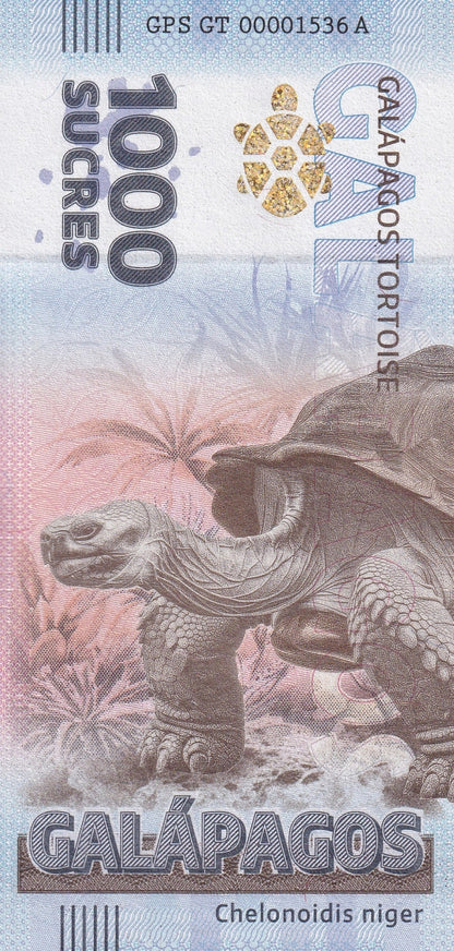 Galapagos Souvenir Note 1000 Sucres Galapagos Giant Tortoise UNC Test Note