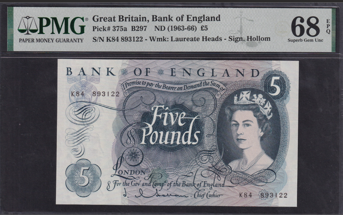 Great Britain 5 Pounds ND (1963-66) P 375a UNC PMG 68 EPQ 3rd TOP POP