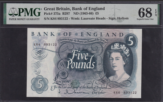 Great Britain 5 Pounds ND (1963-66) P 375a UNC PMG 68 EPQ 3rd TOP POP