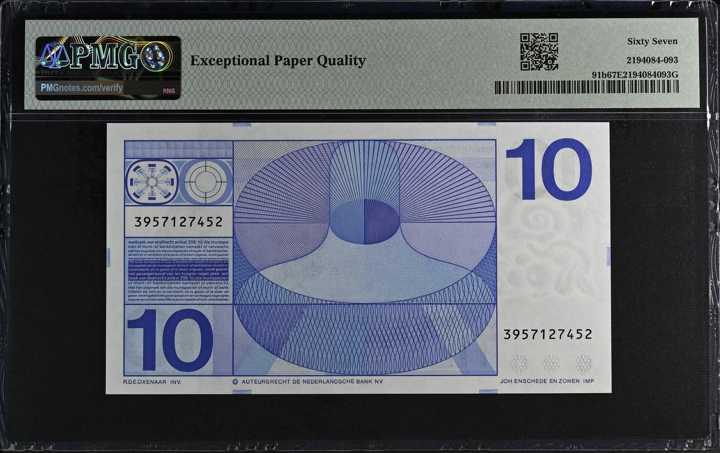 Netherlands Nederlandsche Bank 10 Gulden 1968 P 91b UNC PMG 67 EPQ