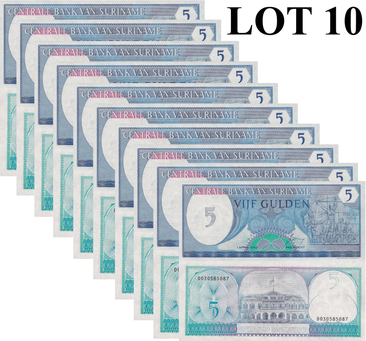 Suriname 5 Gulden 1982 P 125 UNC 1/10 Bundle Lot 10 pcs