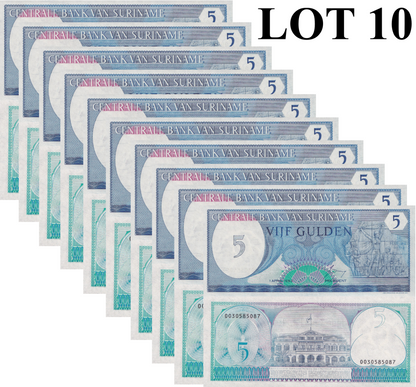 Suriname 5 Gulden 1982 P 125 UNC 1/10 Bundle Lot 10 pcs