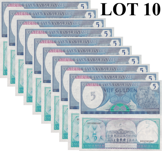 Suriname 5 Gulden 1982 P 125 UNC 1/10 Bundle Lot 10 pcs