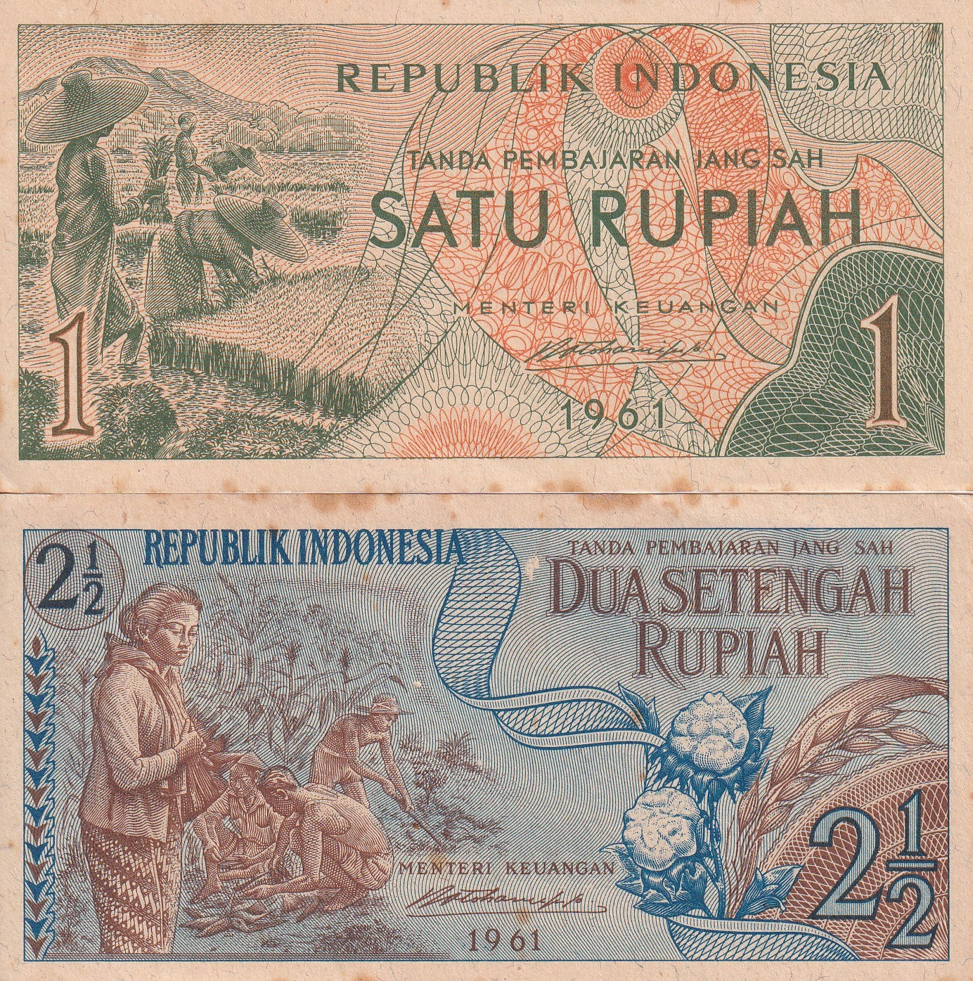 Indonesia 1 2½ Rupiah 1961 P 78 79 UNC FOXING Set 2 pcs