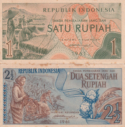 Indonesia 1 2½ Rupiah 1961 P 78 79 UNC FOXING Set 2 pcs