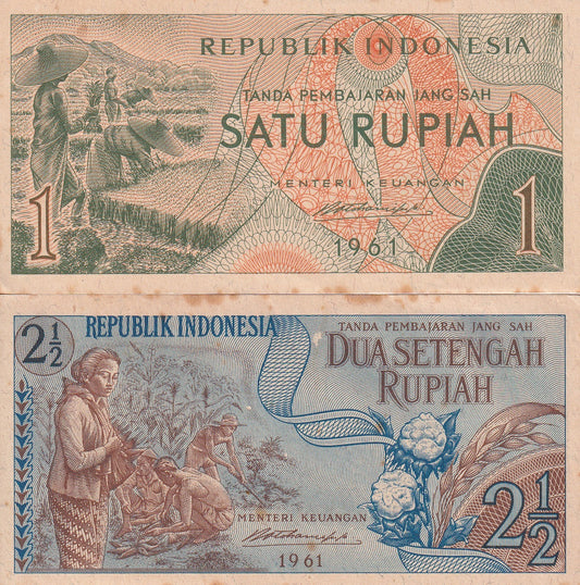 Indonesia 1 2½ Rupiah 1961 P 78 79 UNC FOXING Set 2 pcs