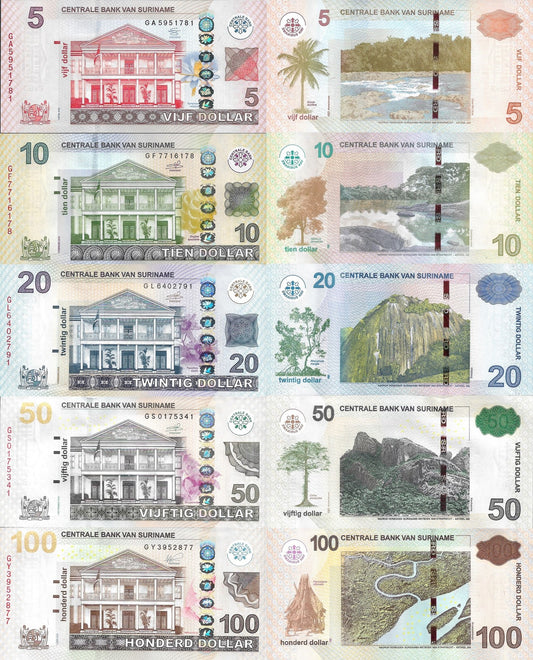 Suriname 5 10 20 50 100 Dollar 2012-2020 P 162b 163 164 165c 166 UNC Set 5 pcs