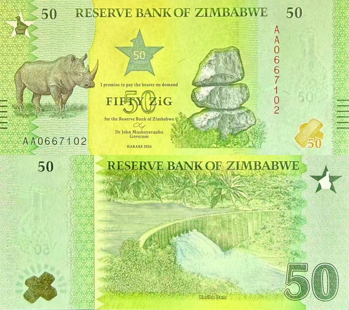 Zimbabwe 50 Zig 2026 P NEW Design UNC1/20 Bundle Lot 5 pcs