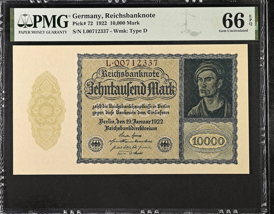 Germany Republic Treasury Note 10000 Mark 1922 P 72 UNC PMG 66 EPQ 3rd TOP POP
