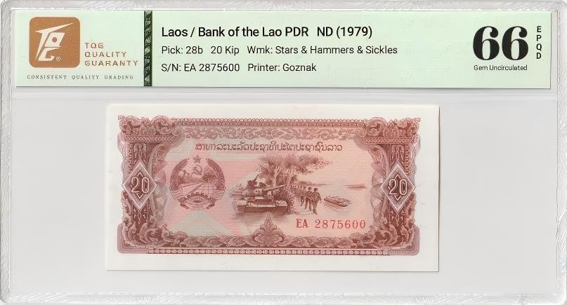 Laos Bank of the Lao PDR 20 Kip ND (1979) P 28b UNC TQG 66 EPQD With Hard Case