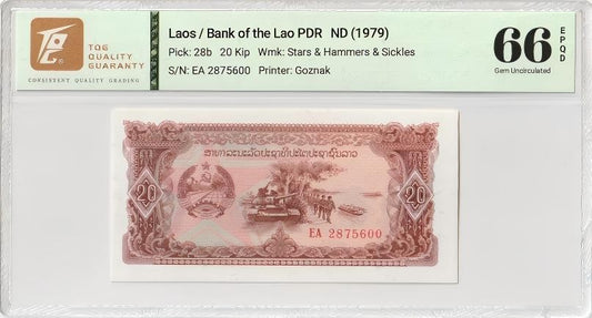 Laos Bank of the Lao PDR 20 Kip ND (1979) P 28b UNC TQG 66 EPQD With Hard Case