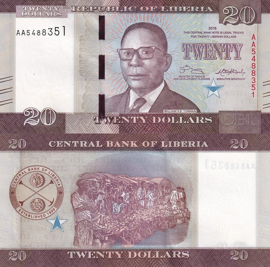 Liberia 20 Dollars 2016 P 33a UNC