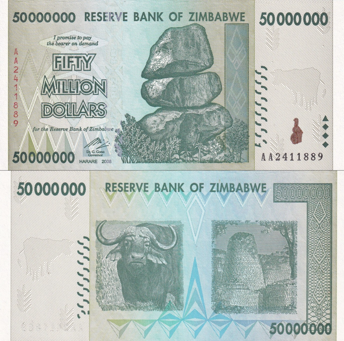 Zimbabwe 50000000 Dollars 2008 P 79 UNC AA Prefix 1/10 Bundle Lot 10 pcs