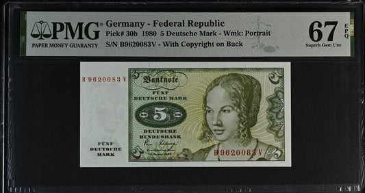 Germany Federal Republic 5 Deutsche Mark 1980 P 30b UNC PMG 67 EPQ 3rd TOP POP