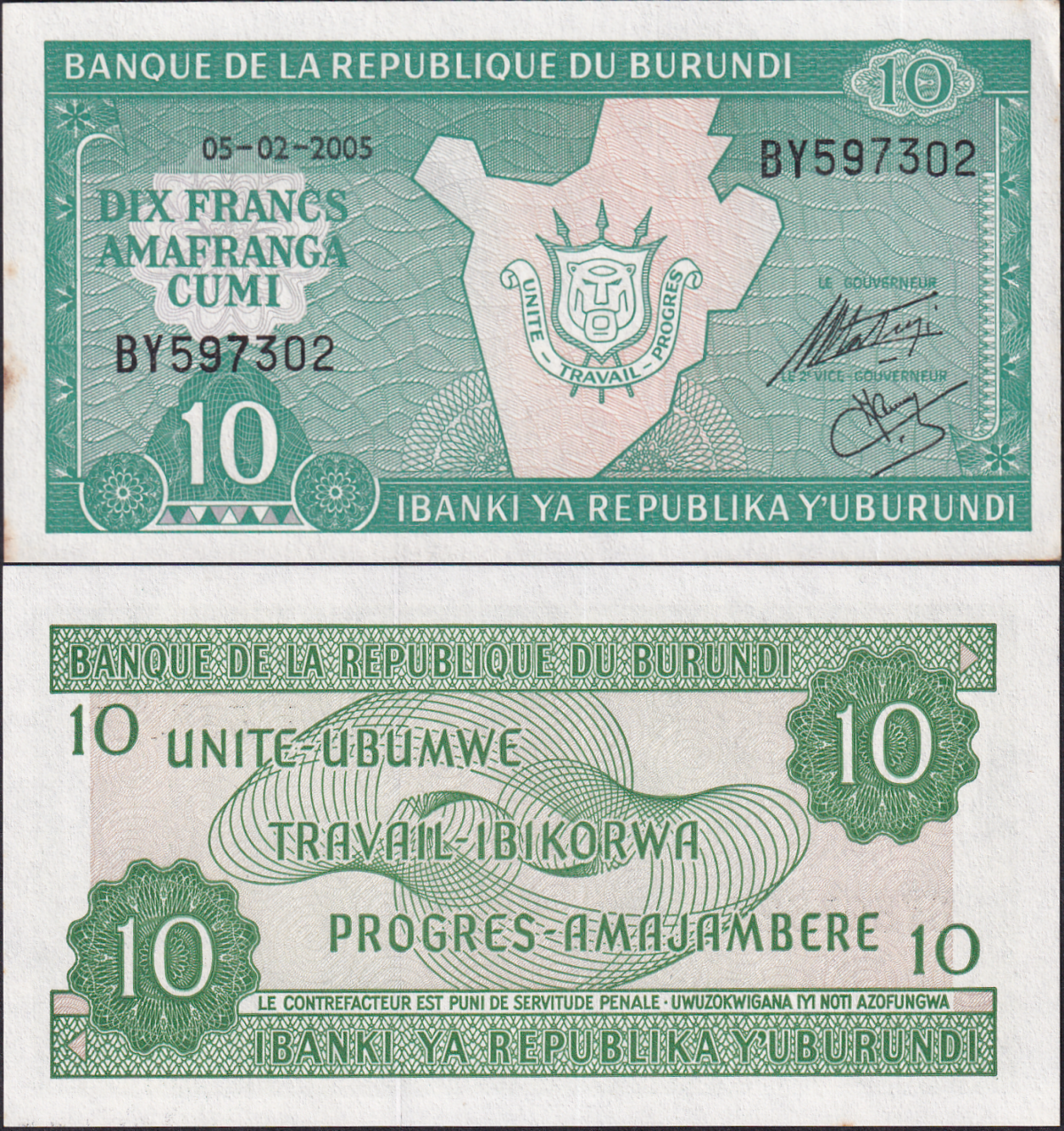 Burundi 10 Francs 2005 P 33e UNC FOXING