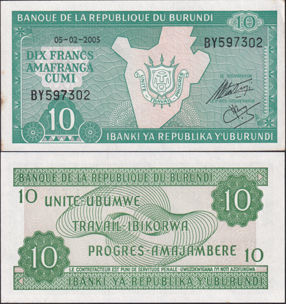 Burundi 10 Francs 2005 P 33e UNC FOXING