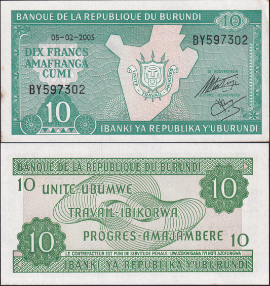 Burundi 10 Francs 2005 P 33e UNC FOXING