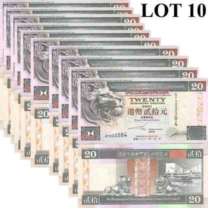 Hong Kong 20 Dollars 2001 P 201d UNC HSBC MINOR FOXING 1/10 Bundle Lot 10 pcs