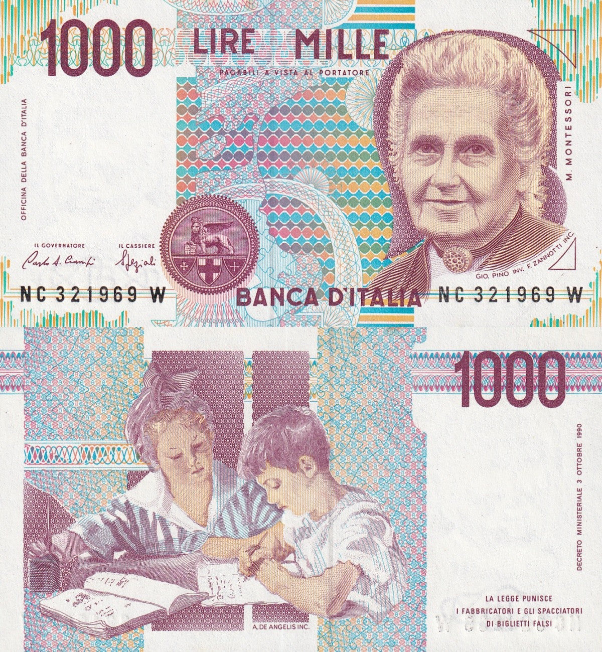 Italy 1000 Lire 1990 P 114 UNC