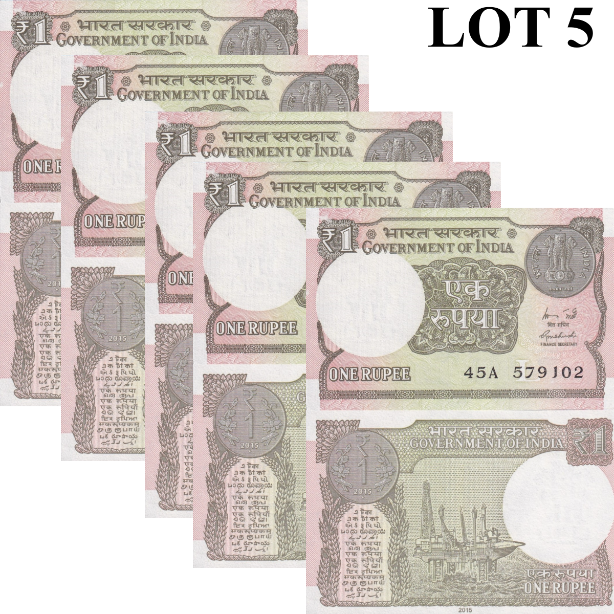 India 1 Rupee 2015 P 117a UNC 1/20 Bundle Lot 5 pcs