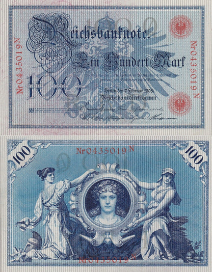 Germany Reichsbank 100 Mark 1908 P 33b Red S/N UNC