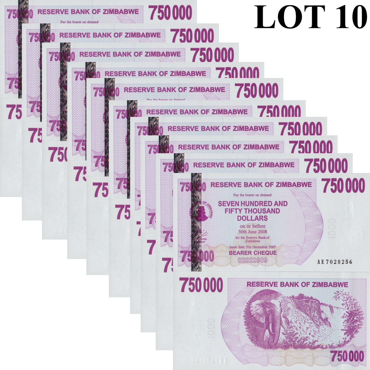 Zimbabwe 750000 Dollars 2007 P 52 UNC 1/10 Bundle Lot 10 pcs
