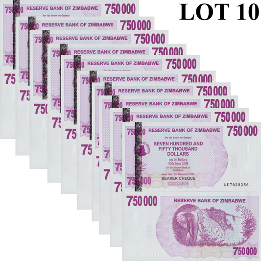 Zimbabwe 750000 Dollars 2007 P 52 UNC 1/10 Bundle Lot 10 pcs