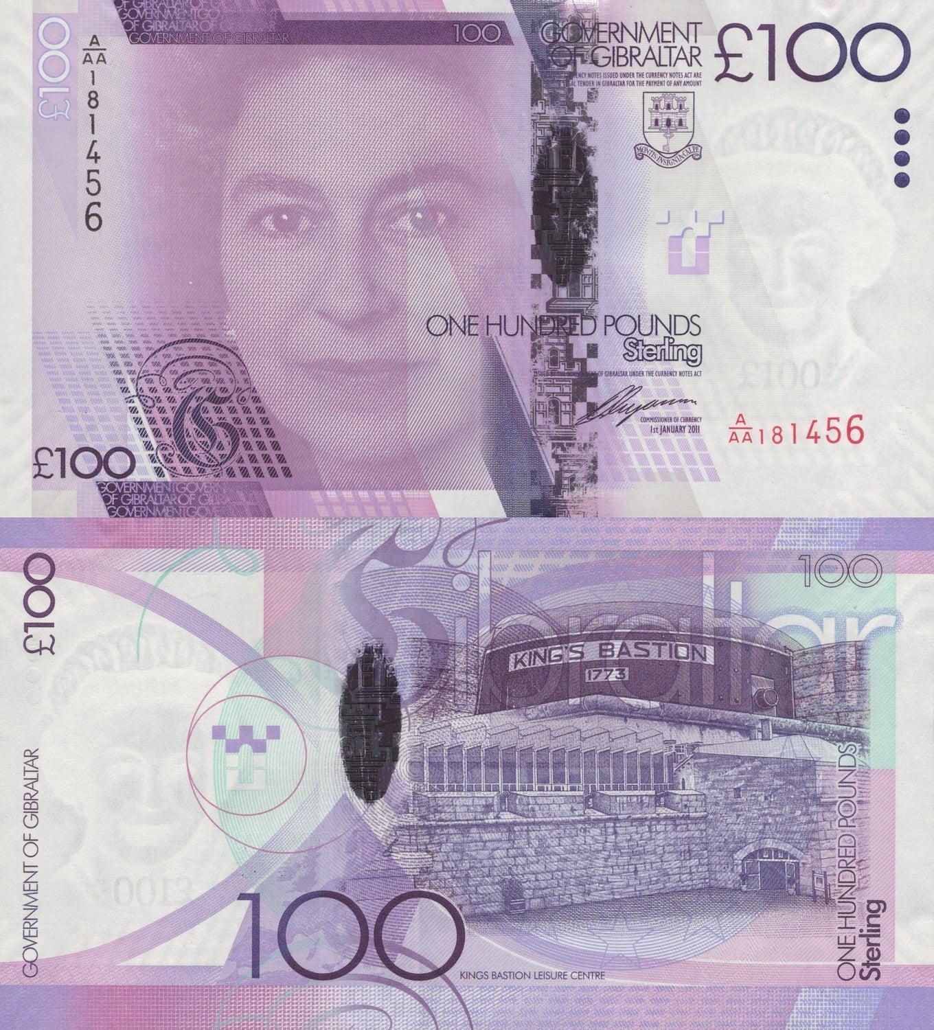 Gibraltar 100 Pounds 2011 P 39 UNC AA Prefix