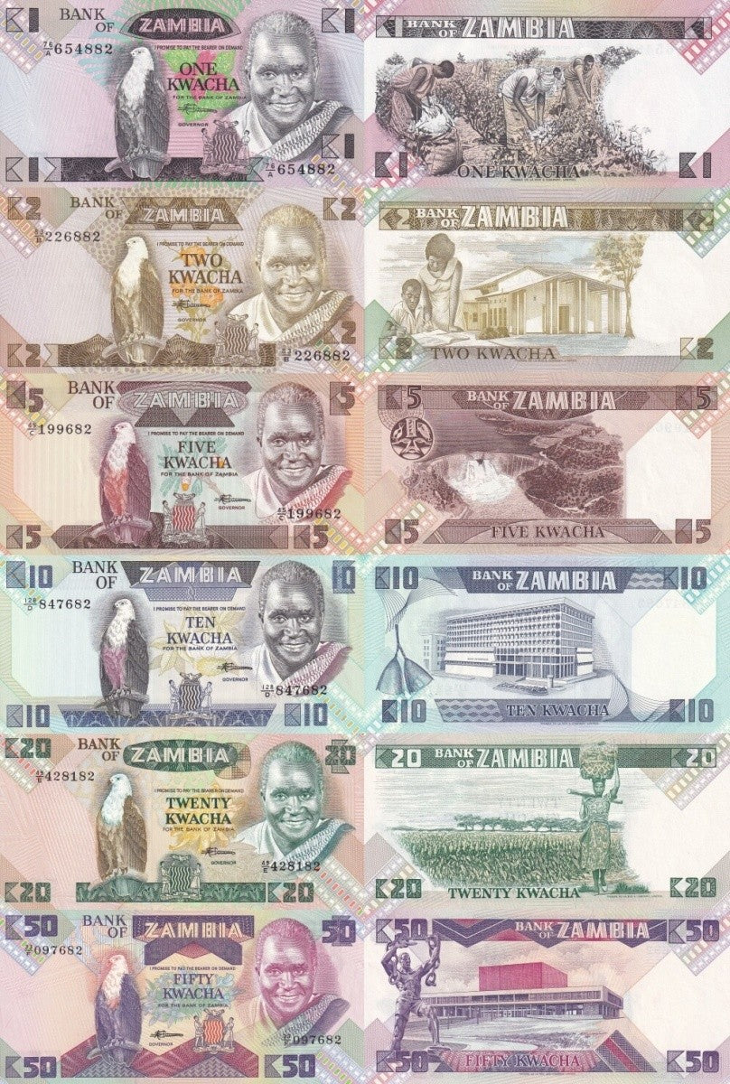 Zambia 1 2 5 10 20 50 Kwacha 1980-1988 P 23 24 25 26 27 28 UNC Set 6 pcs