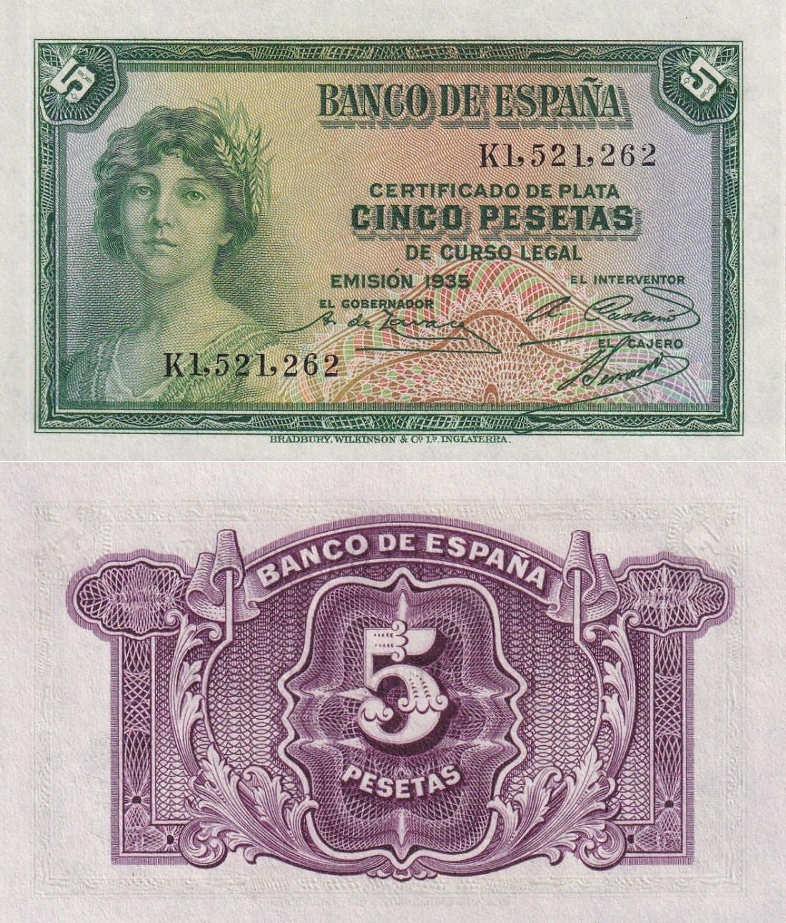 Spain 5 Pesetas 1935 P 85a(2) UNC