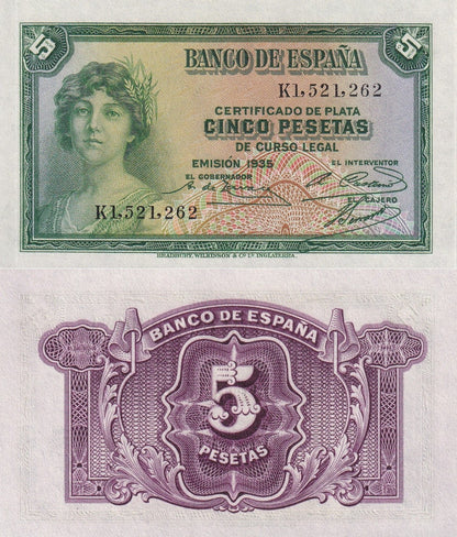 Spain 5 Pesetas 1935 P 85a(2) UNC