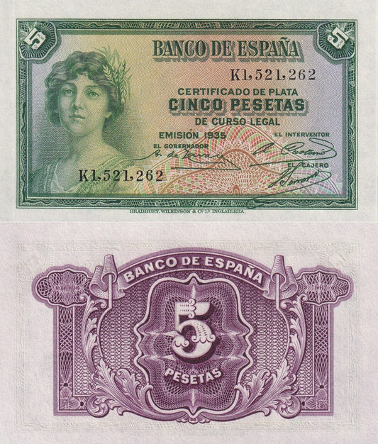 Spain 5 Pesetas 1935 P 85a(2) UNC