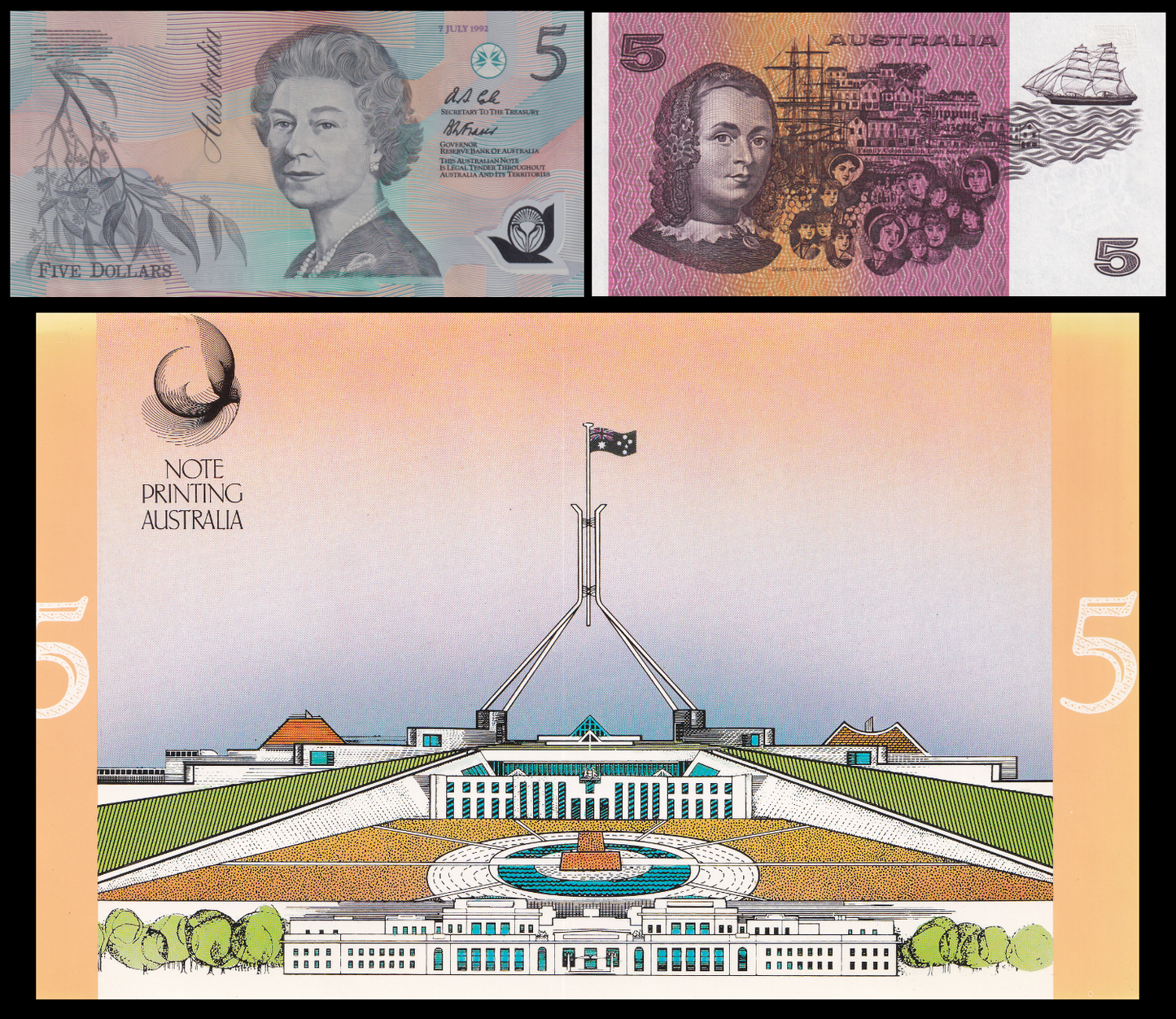 Australia 5 Dollars 1991-1992 P 44g 50b Polymer UNC Set 2 pcs With Folder
