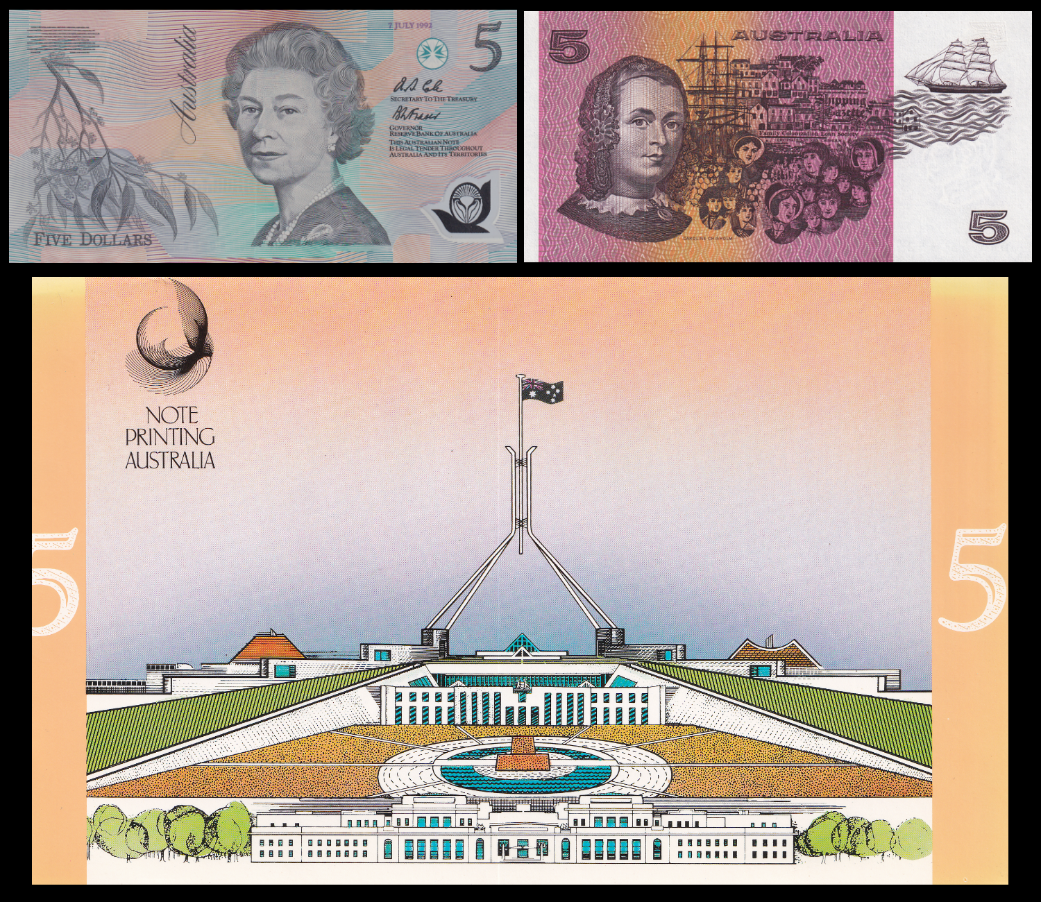 Australia 5 Dollars 1991-1992 P 44g 50b Polymer UNC Set 2 pcs With Folder
