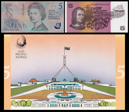 Australia 5 Dollars 1991-1992 P 44g 50b Polymer UNC Set 2 pcs With Folder