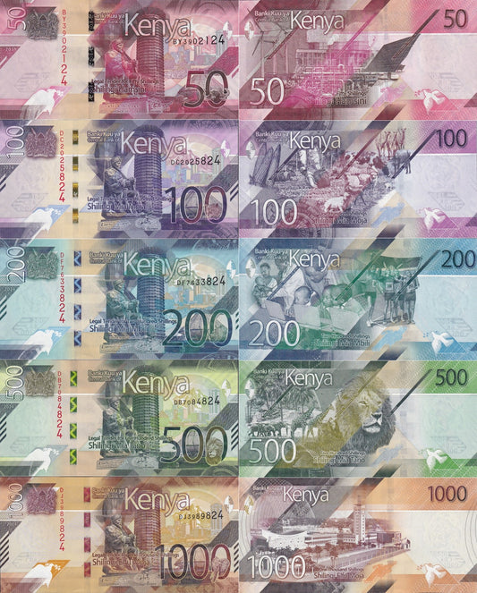Kenya 50 100 200 500 1000 Shillings 2019&2024 P 52 53 54 55 56 UNC Set 5 pcs