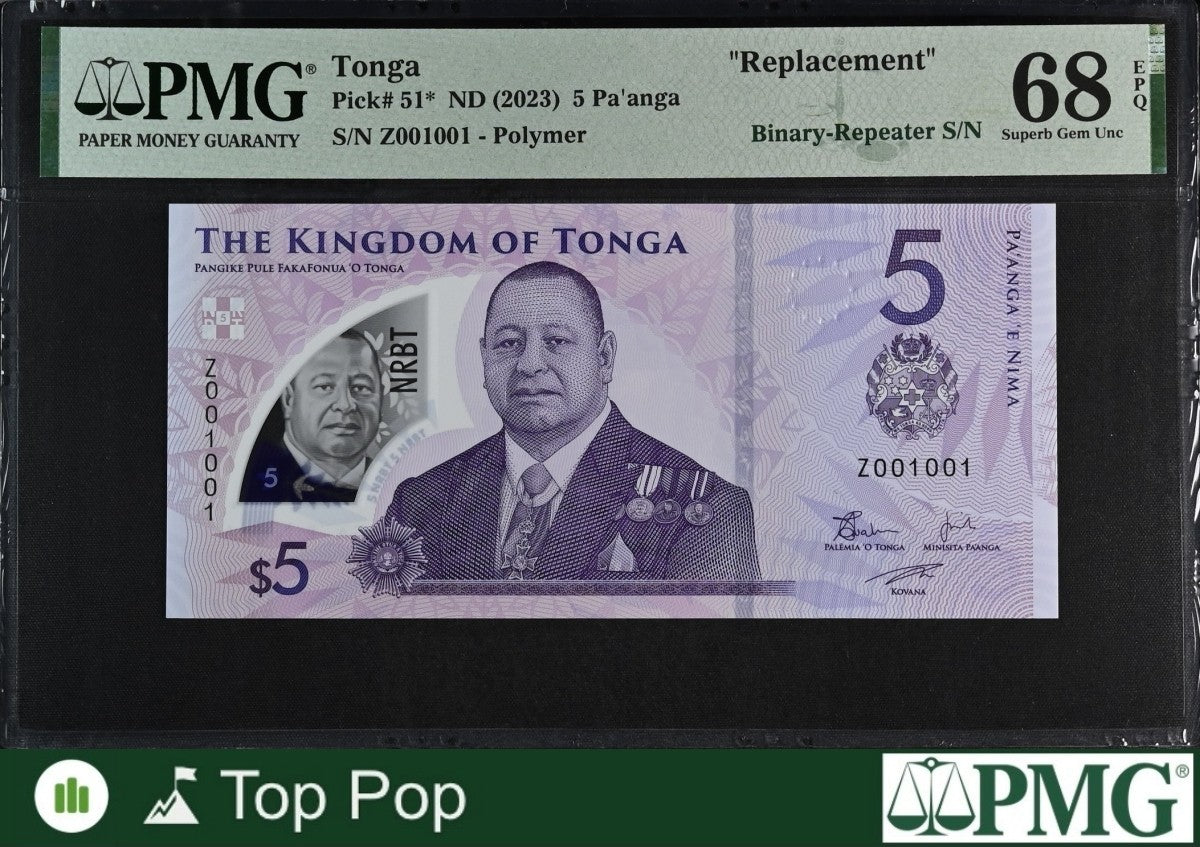 Tonga Replacement 5 Pa'anga ND 2023 P 51* UNC PMG 68 EPQ Binary-Repeater TOP POP
