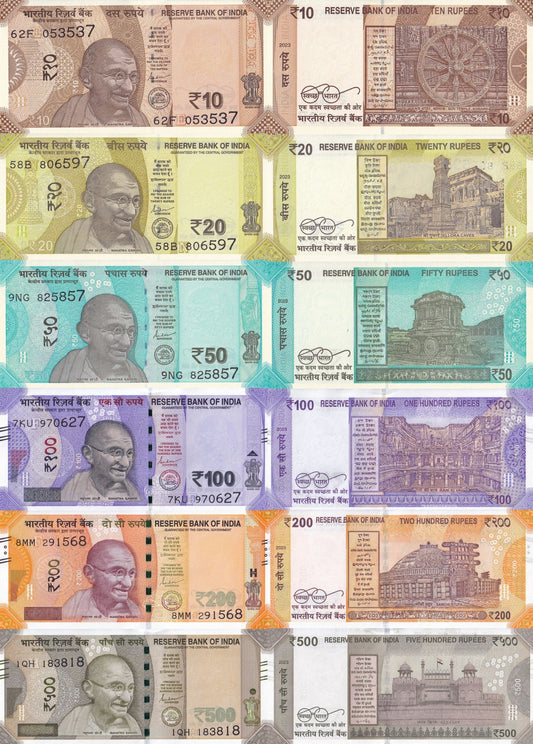 India 10 20 50 100 200 500 Rupees 2023 P 109 110 111 112 113 114 UNC Set 6 pcs