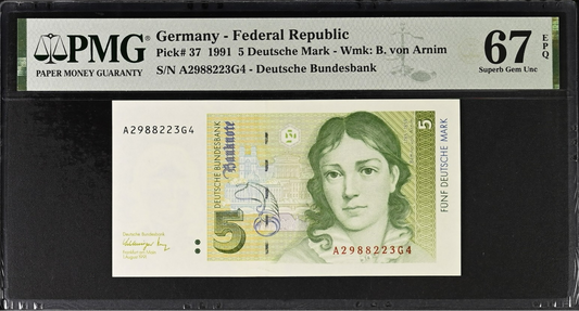 Germany Federal Republic 5 Deutsche Mark 1991 P 37 UNC PMG 67 EPQ