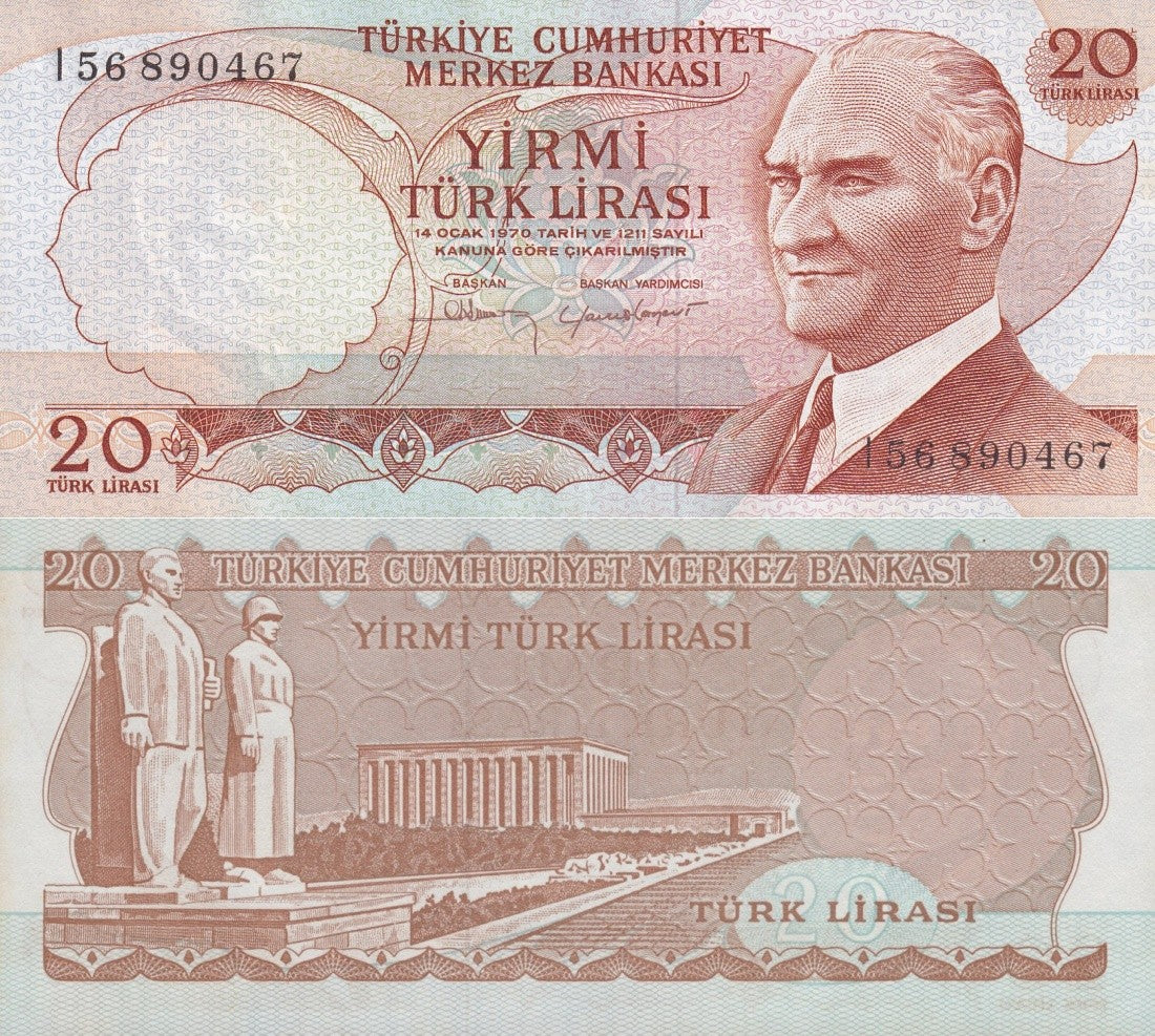 Turkey 20 Lira 1970 P 187b UNC MINOR FOXING