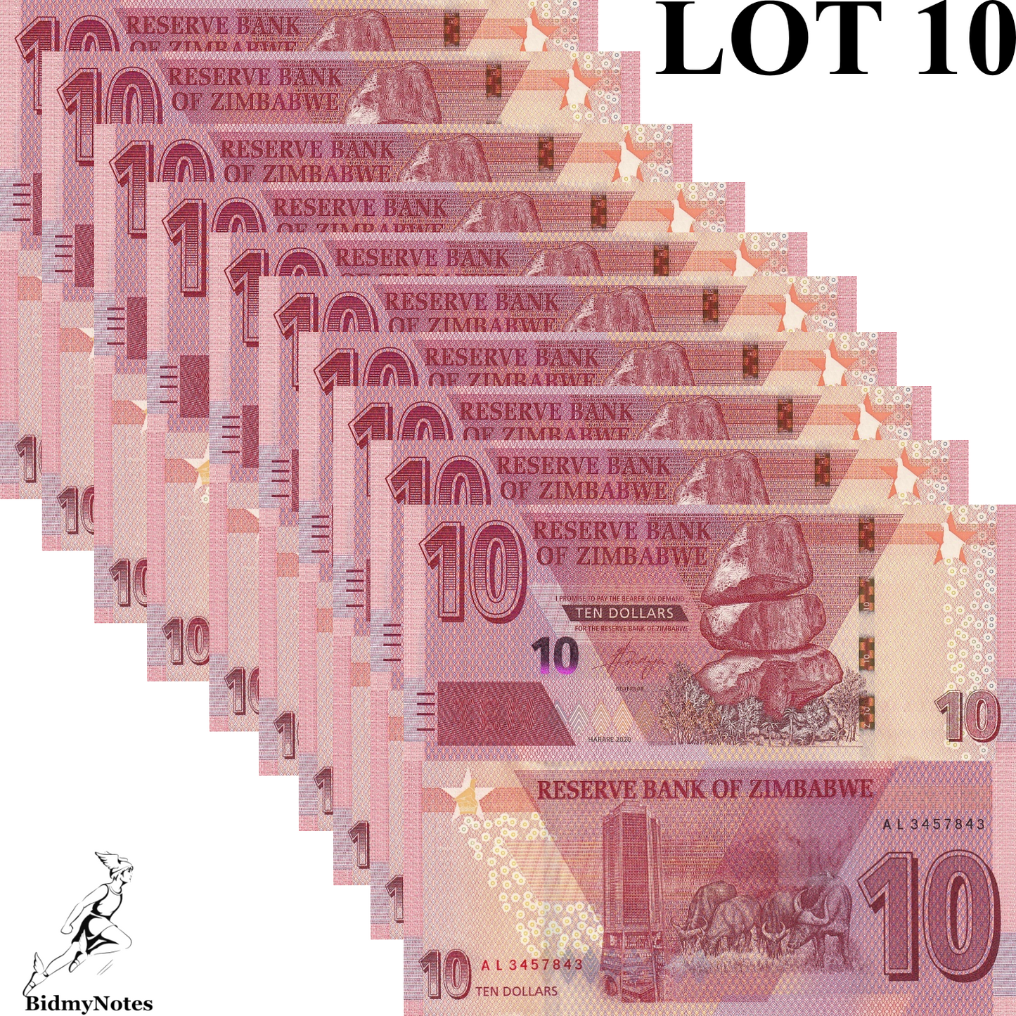 Zimbabwe 10 Dollars 2020 P 103 UNC 1/10 Bundle LOT 10 pcs