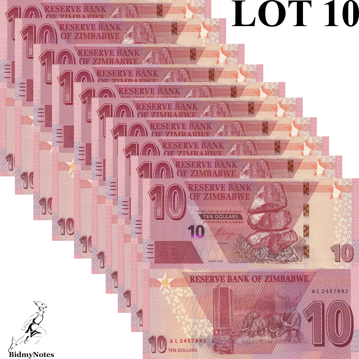 Zimbabwe 10 Dollars 2020 P 103 UNC 1/10 Bundle LOT 10 pcs