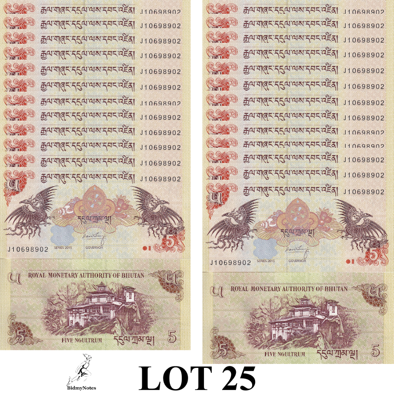 Bhutan 5 Ngultrum 2015 P 28c UNC 1/4 Bundle LOT 25 pcs