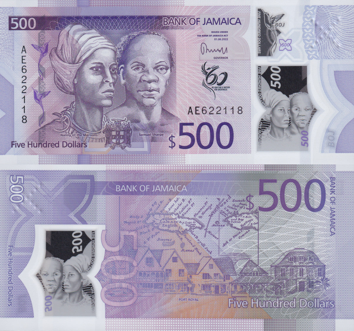 Jamaica 500 Dollars 2022 P 98 Polymer UNC Commemorative