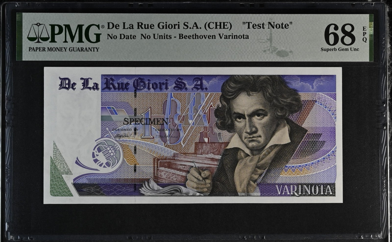 De La Rue Giori S.A. Test Note Beethoven Varinota UNC PMG 68 EPQ With Out S/N